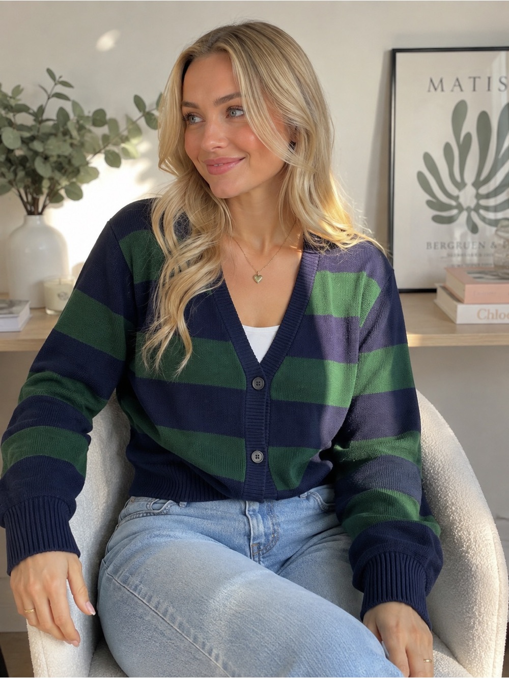 Brandy Melville Navy Green Striped Button Front Cardigan Preppy Coquette